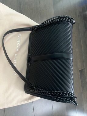 Rebecca Minkoff Black Quilted Chevron Shoulder Bag with Chain Strap